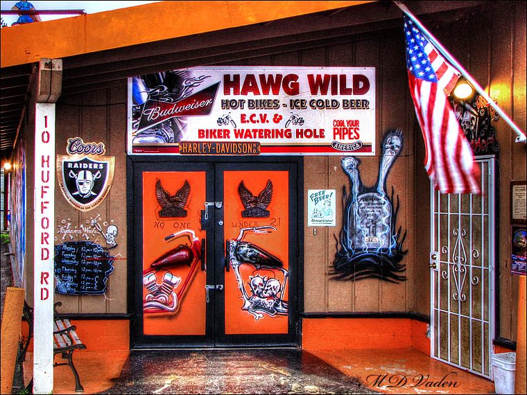 The outside and doors of Hawg Wild Tavern in Orick, Biker theme bar and restaurant