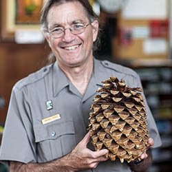 Ranger in visitor center holding a giant Pine cone