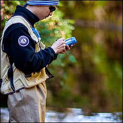 Redwood park wildlife worker doing data entry near Orick
