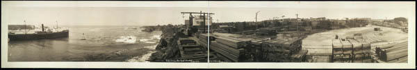 Historical redwood lumber company photo with ship offshore