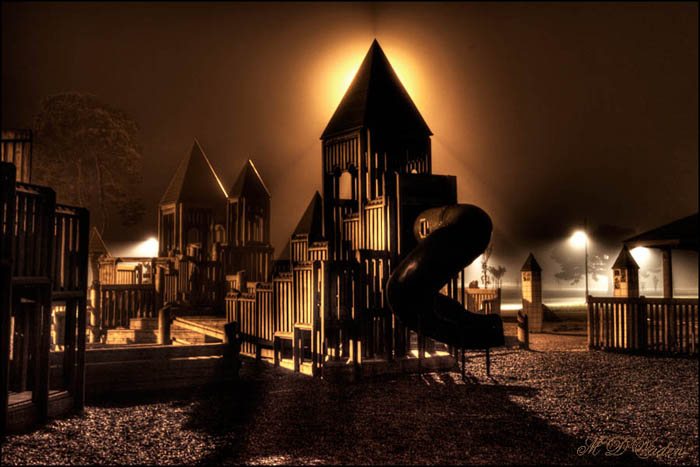 Kidtown or Kid Town, at night, also known as Kids Town at the Redwood Coast town Crescent City